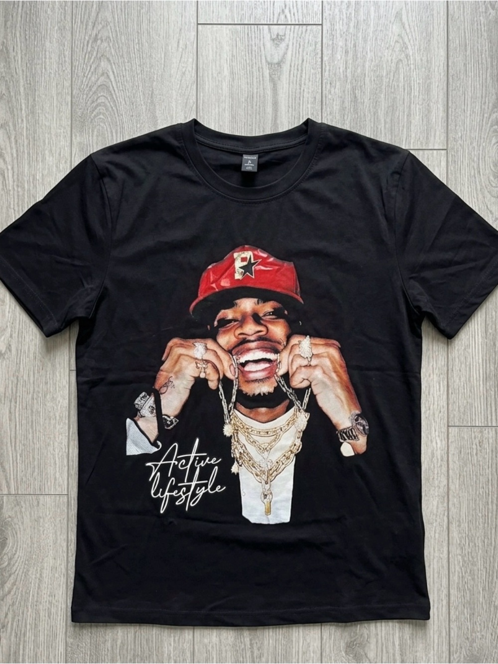 Black Graphic Tee with Red Cap Print - StreetWear